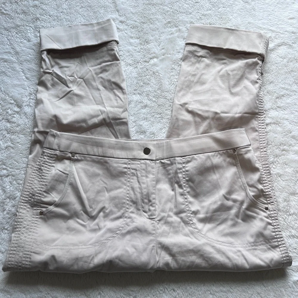 Chicos Brigette Petite Crop Pants Beige Cotton Blend‎ Cuffed Snap Hem Size 1 P